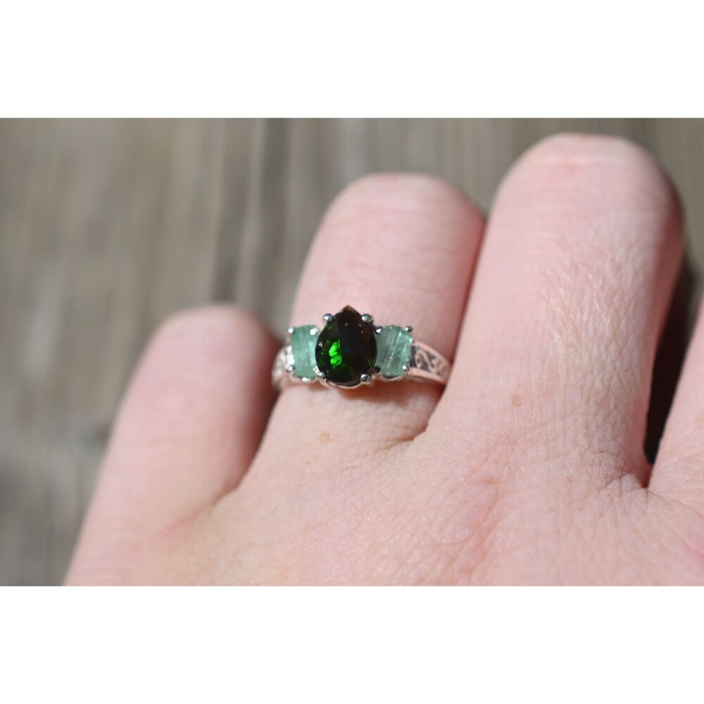 Black opal and green tourmaline ring, raw stone rings, alternative engagement ri